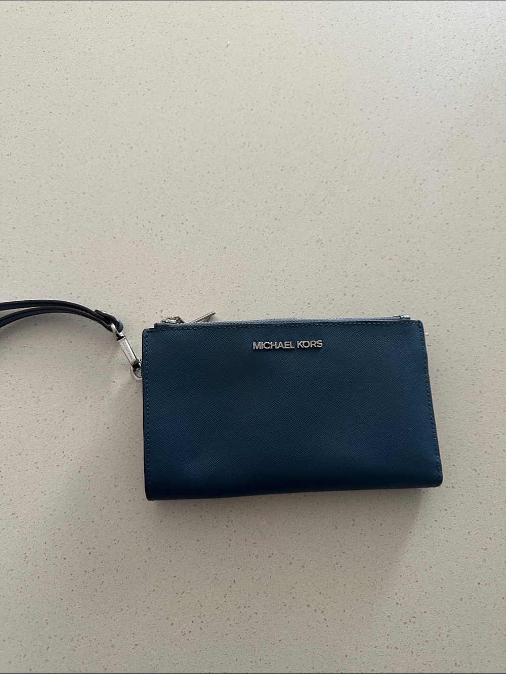 Michael Kors Teal Leather Wristlet with Silver Hardware